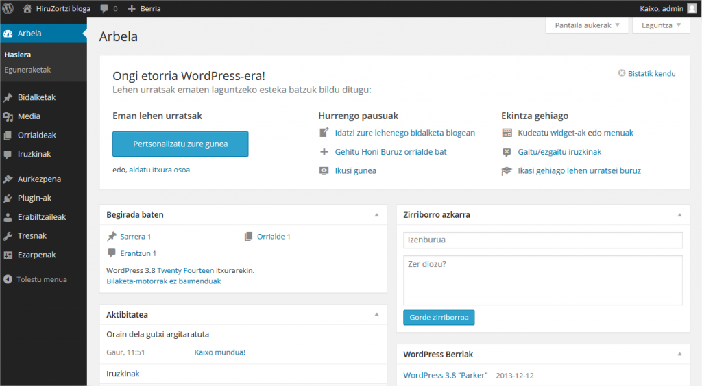 WordPress 3.8ren Pantaila-argazkia